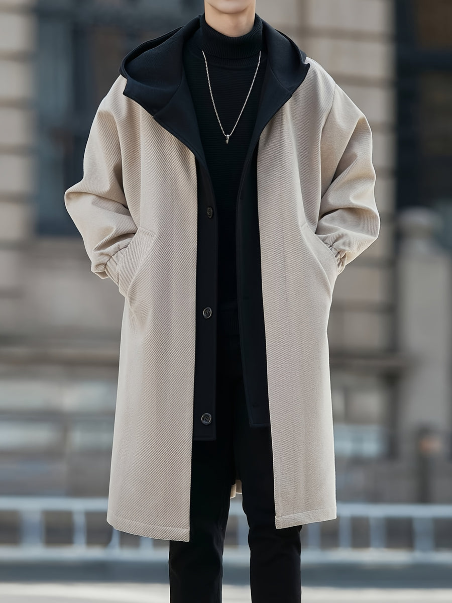 New Winter Men'S Mid-Length Fake Two-Piece Color-Block Windbreaker Jacket Men'S Double-Breasted Hooded Coat - Apricot