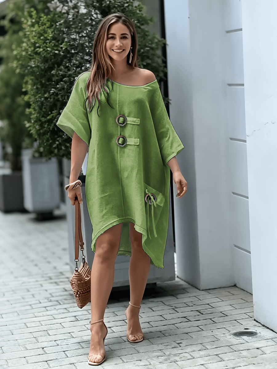 Plus Size - Women'S Dress, Plus Size Dress, Nomadic Style, One-Shoulder Dress, Coconut Button, Asymmetric Tie, High-Low Hem, Fringe Dress, Frayed Hem, -Like, Vacation Dress, Casual Dress, Boho Dress, Long Maxi Dress - Green