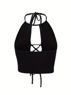 Summer Casual Hollow-Out Sexy Strap Neck Black Fitted Tank Top - Black