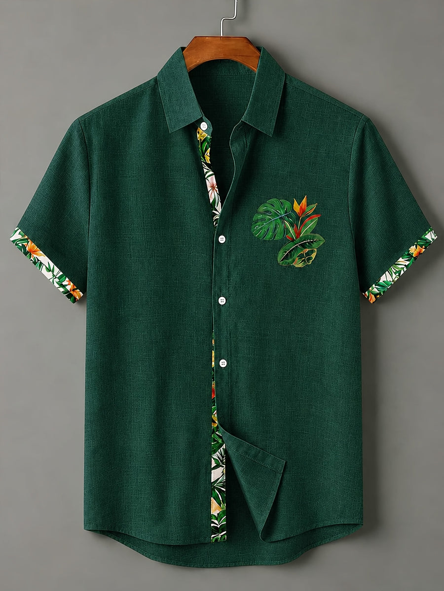 100% Men'S Casual Short Sleeve Shirt, Pure Fabric with Print And Color Block Design for Summer, Beach Vacation Style Blouse, Fabric Is Sweat-Absorbent And Breathable, Great Gift for Boyfriend And Husband, Suitable for Outdoor Travel Or Vacation - Dark Green