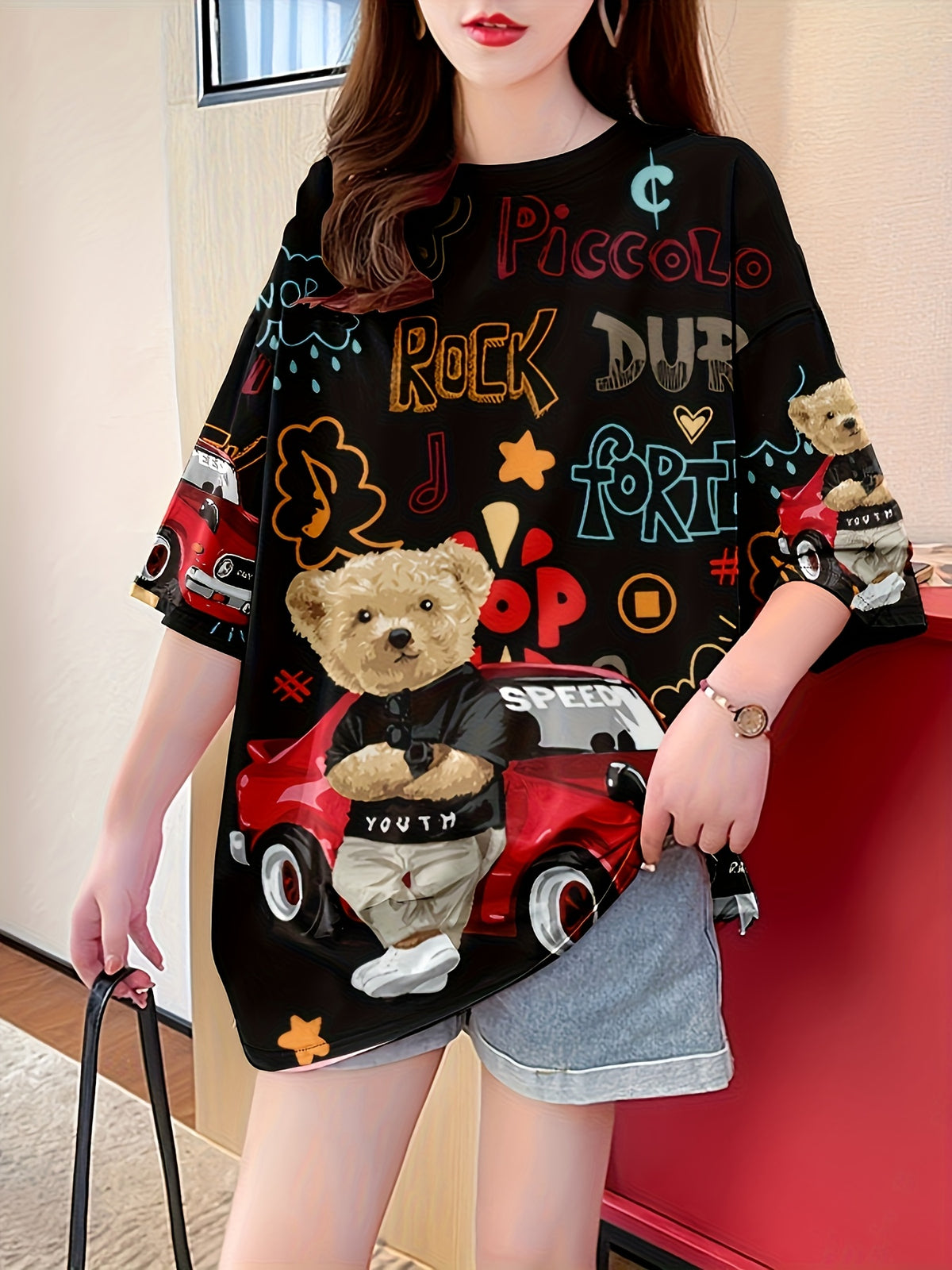 Summer New Large Size Loose Fashion Trend Slim Cartoon Round Neck Print Ladies Women's Medium and Long Short-sleeved T-shirt Clothes - Black