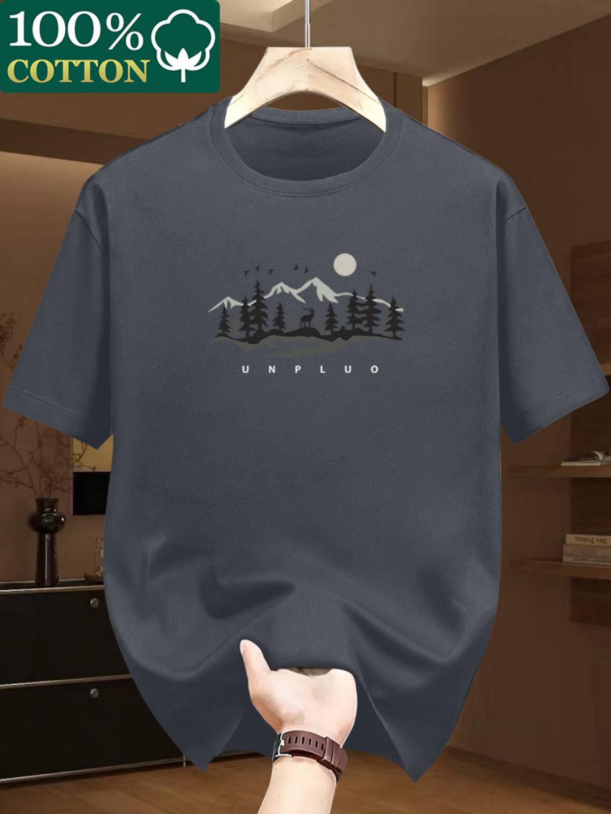 100% Cotton. Men's Short-sleeve T-shirt. Fashionable Tree Pattern, Summer Short-sleeve Casual Men's Fashion. Versatile Base Layer. Suitable for Outdoor Casual Wear - Dark Gray