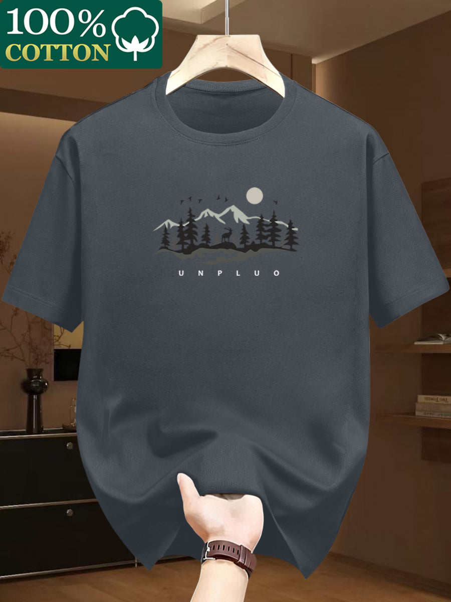 100% Cotton. Men's Short-sleeve T-shirt. Fashionable Tree Pattern, Summer Short-sleeve Casual Men's Fashion. Versatile Base Layer. Suitable for Outdoor Casual Wear - Dark Gray
