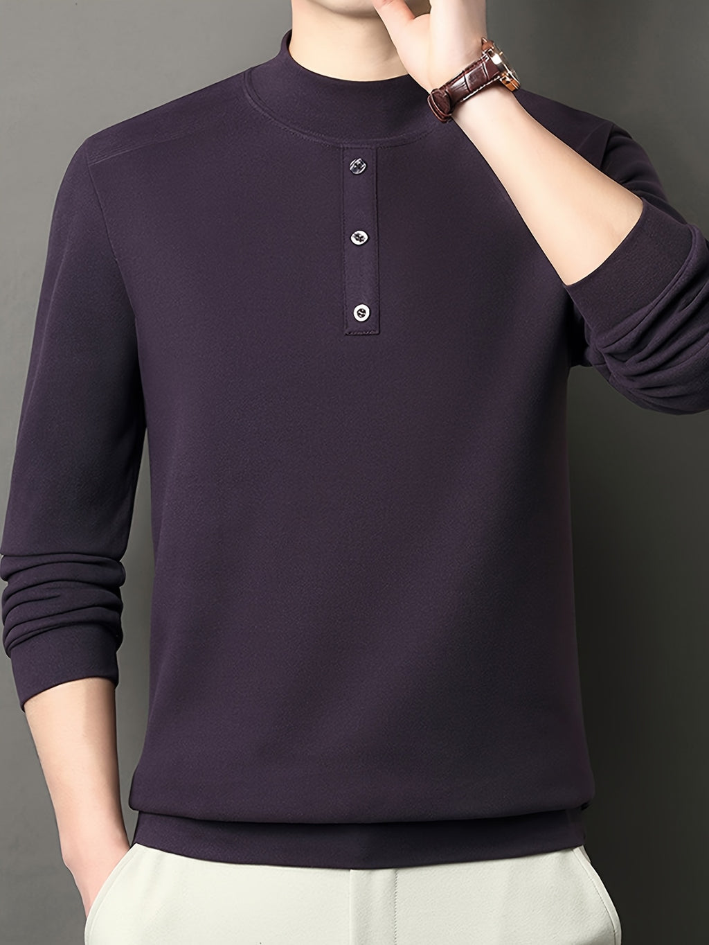 Men'S Warm Long Sleeve Top for Autumn And Winter, Warm Yet Comfortable, More Mature And Stable Look Than Regular Round Neck Shirts - SINBOS - Purple