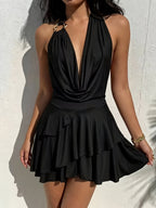 Women's Spring/Summer Vacation Style New Solid Color Halter Neck Spaghetti Strap Backless Deep V-Neck Sexy Fashion Dress - Black
