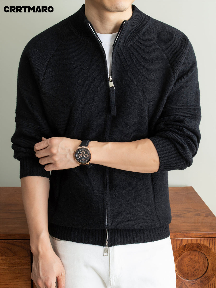 Men's Heavyweight Thick Zip Neck Stand Collar Knit Cardigan, Warm Casual Layering Top for Fall and Winter - Black