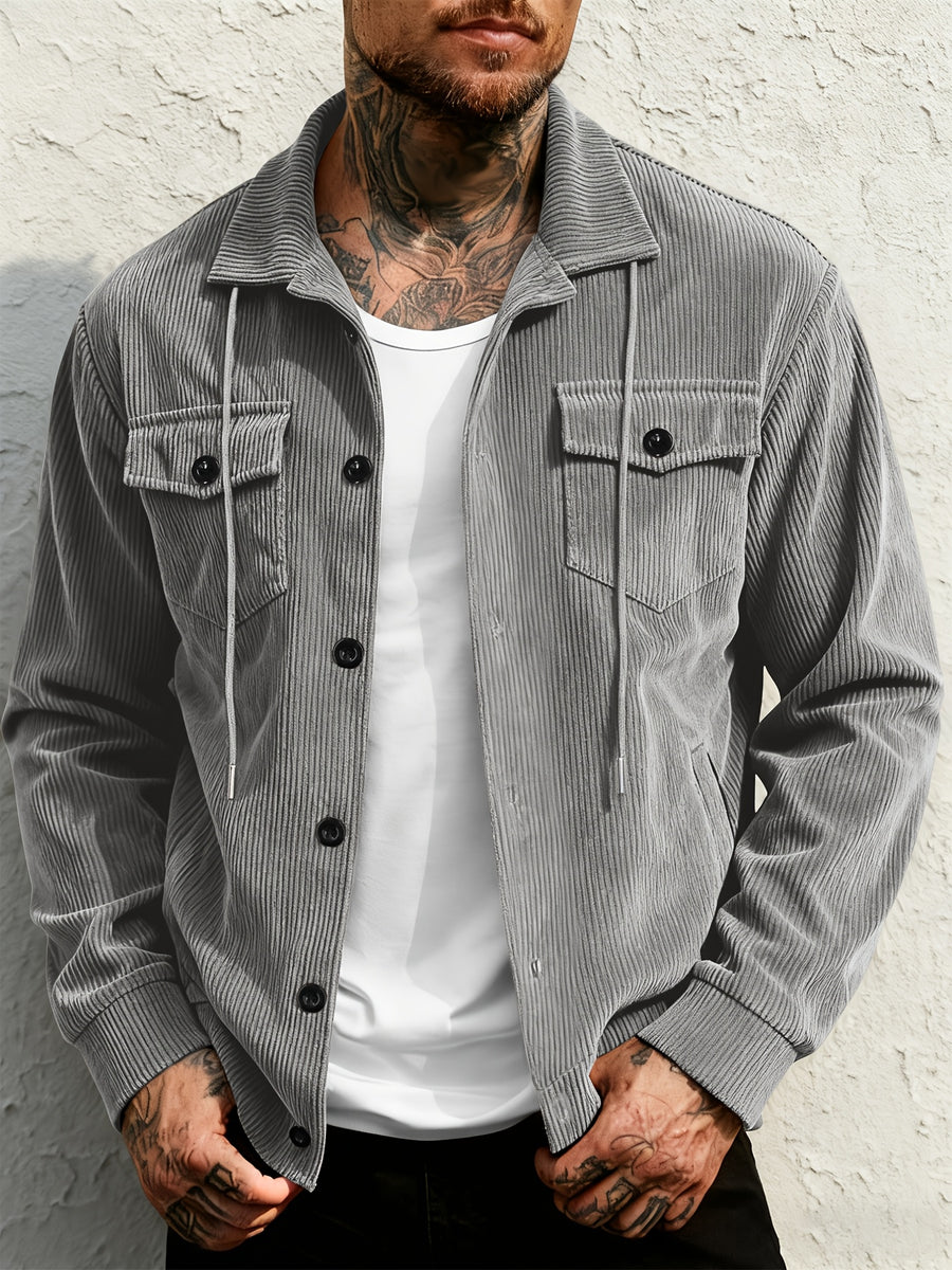 Men'S Corduroy Button-Up Shirt with Pocket And Drawstring Detail, Casual Long Sleeve Blouse for Daily Street Style, Gift Idea - Grey