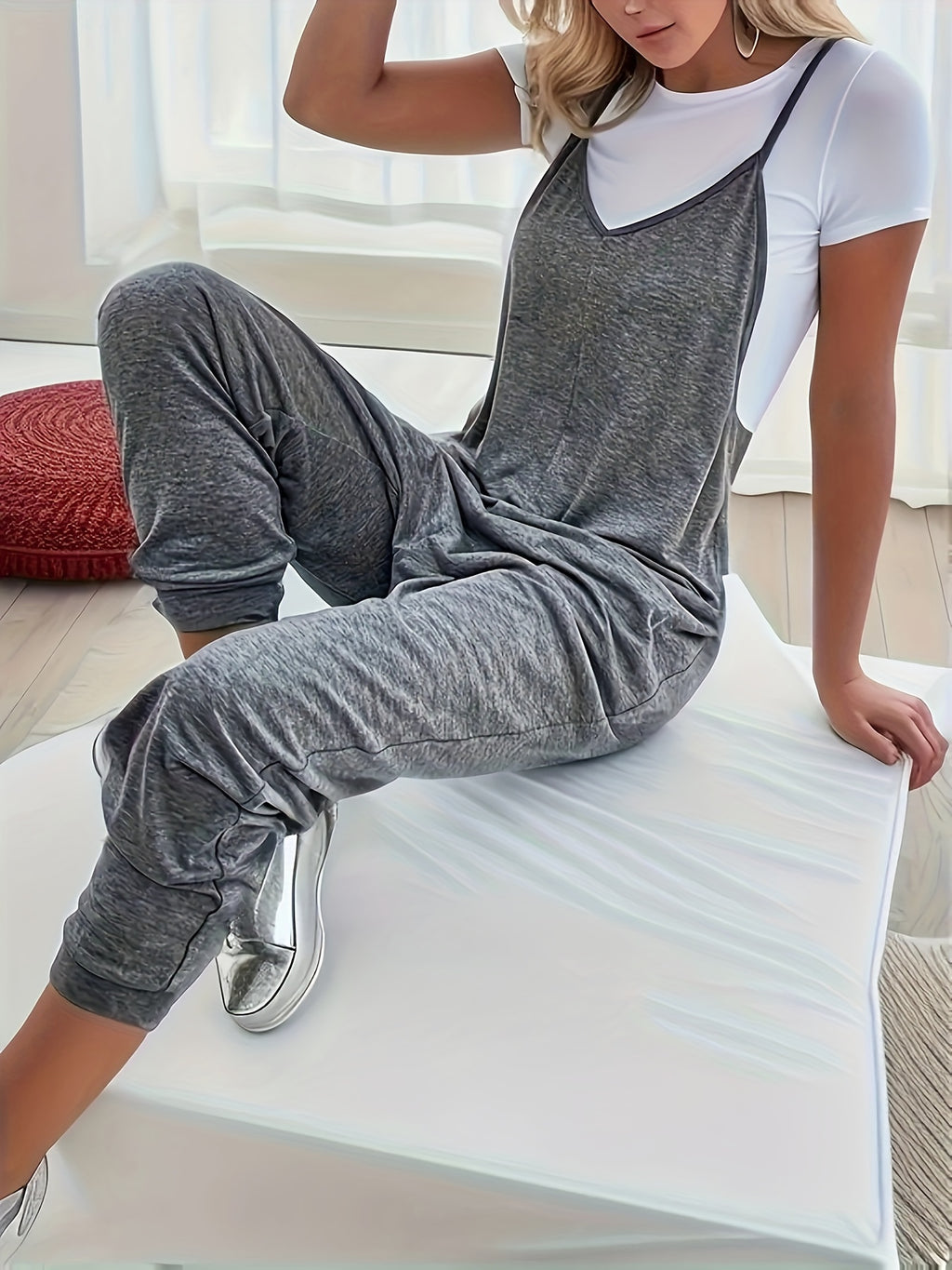 Women's Fashion Solid Color Loose Suspender V-Neck Jumpsuit - Grey