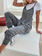 Women's Fashion Solid Color Loose Suspender V-Neck Jumpsuit - Grey