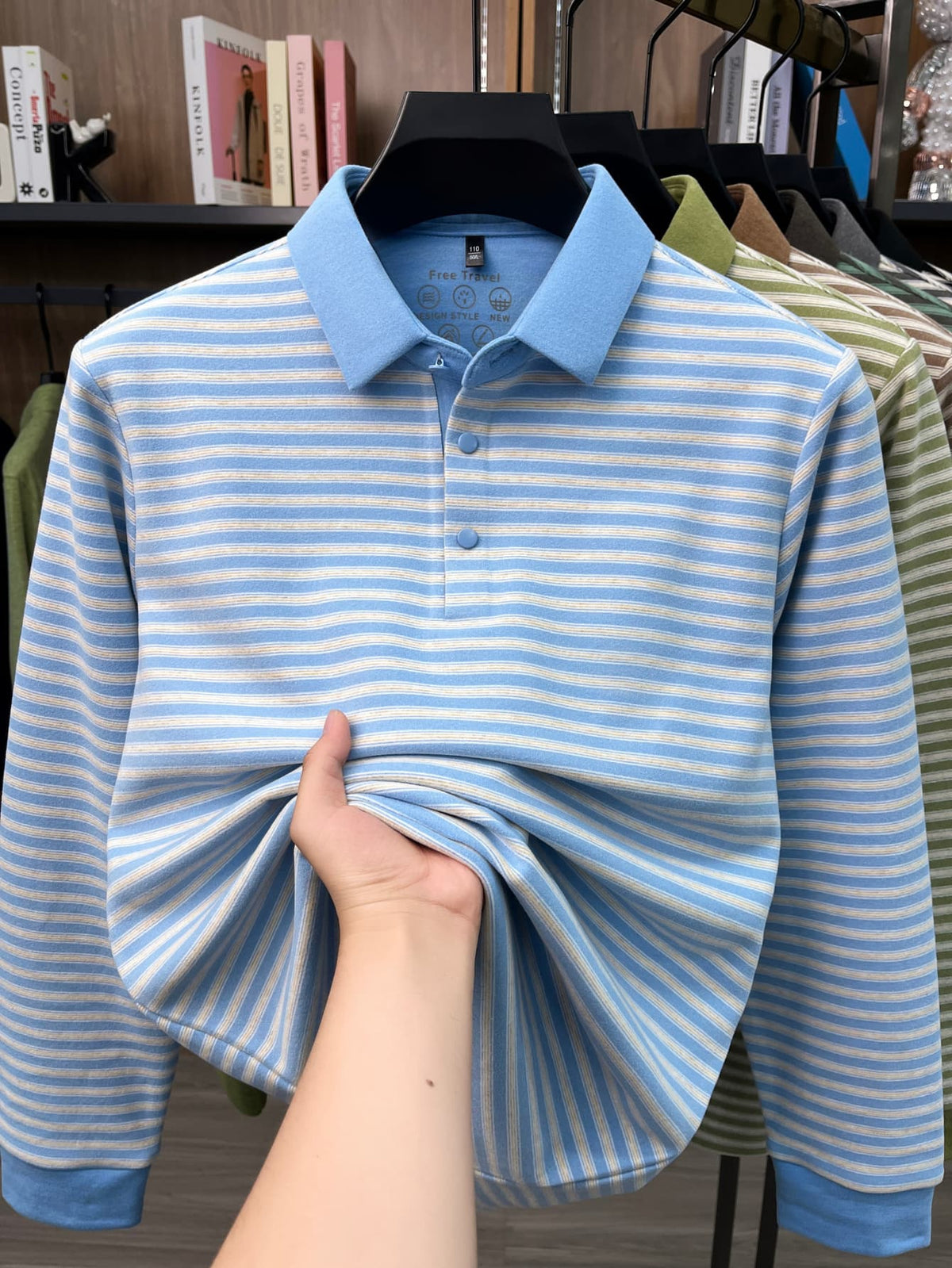 Men's Thin Striped Lapel Long Sleeve Polo Top, Wrinkle Free Loose Casual Long Sleeve T-Shirt, Business Basic Apparel for Middle-aged Dads, Spring Autumn Clothes for Golf, Fishing, Tennis Daily Wear - Sky Blue