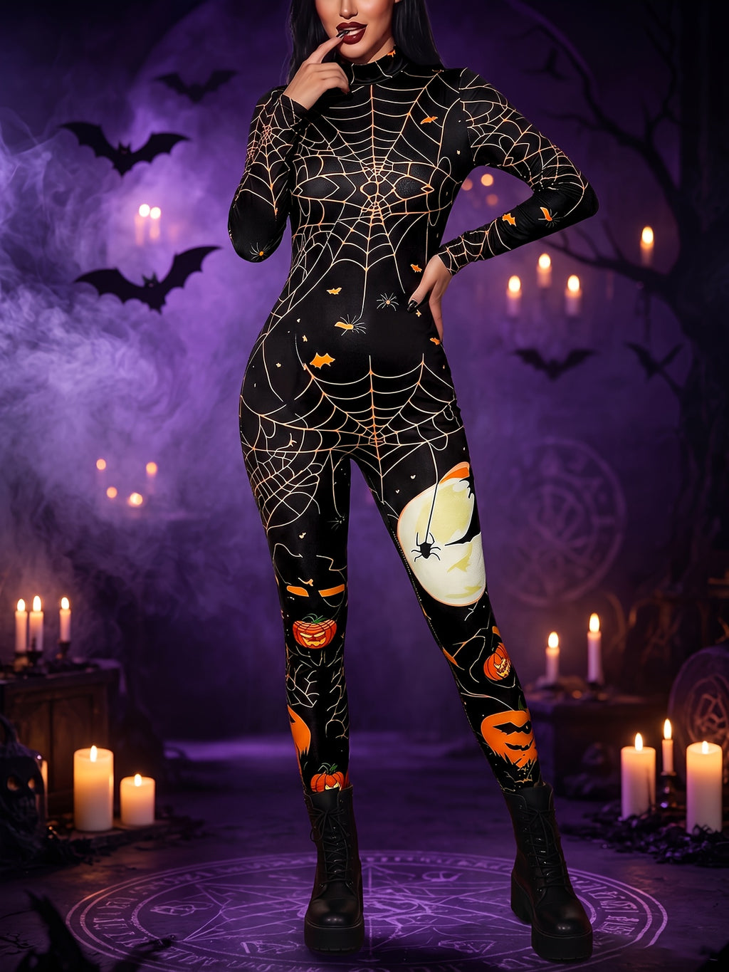 Halloween and Carnival Costume for Women, New Autumn/Winter Style, Role-Play Themed Party Eye-Catching Outfit, Stretchy Bodycon Sexy Jumpsuit with Festive Atmosphere - Black