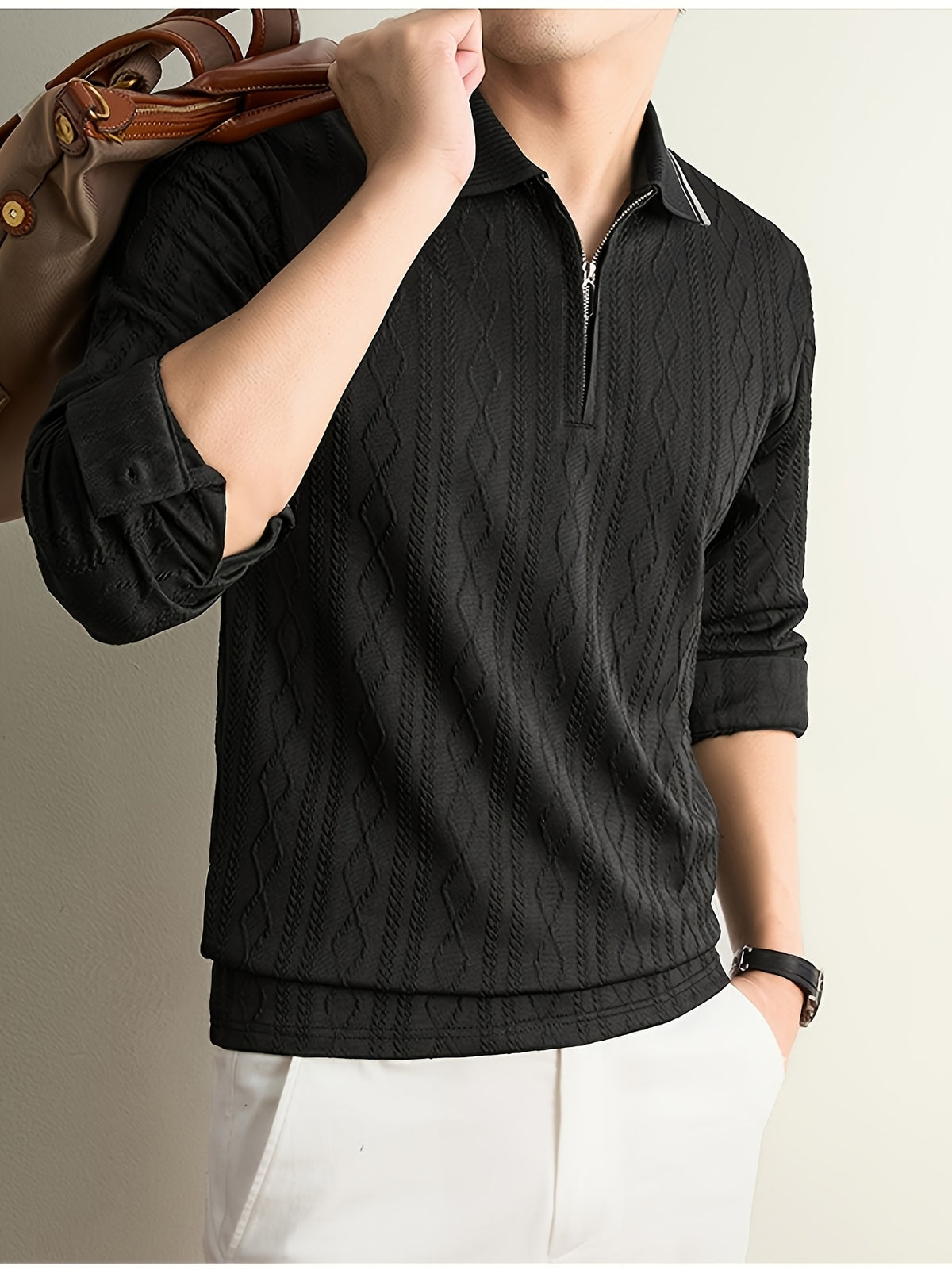 Men's Half-Zip Lapel Long-Sleeve Polo Shirt, Full-Rhombus Jacquard Texture, Contrast-Color Ribbed Collar, Simple Light-Luxury Top, for Business Receptions, Daily Commuting, Loose-Fit Men's Long-Sleeve T-Shirt - Black