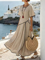 Women'S Solid Color Short Sleeve Casual Dress - Apricot