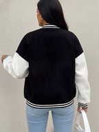 Women'S Black And White Contrast Baseball Jacket, A Letter Pattern Printed Jacket - Black Color Matching