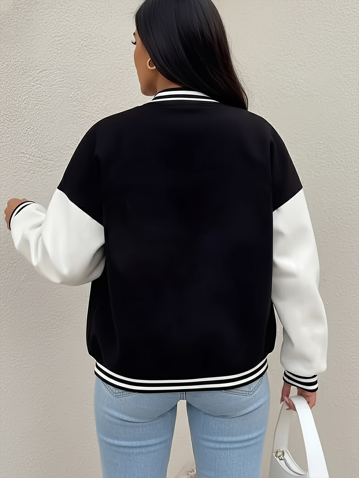 Women'S Black And White Contrast Baseball Jacket, A Letter Pattern Printed Jacket - Black Color Matching