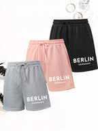 3pcs Women's Elegant Casual Jogger Shorts - English Letter Print, Drawstring Loose Fit Summer Vacation Pants, Machine Washable - Black+gray+pink