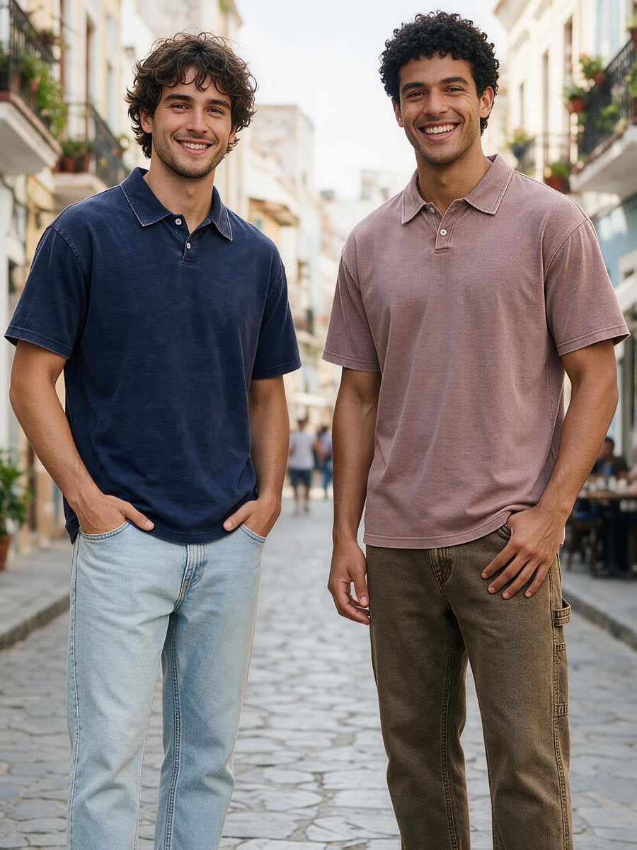 Two-pc More Cost-Effective Heavyweight Combed Pure Vintage Washed Distressed Polo Shirt for Men, Loose Fit Casual Short Sleeve Lapel, Latin American Style Daily Versatile Button-Up Top, Business Casual Commuter Lapel T-Shirt - Navy Brown