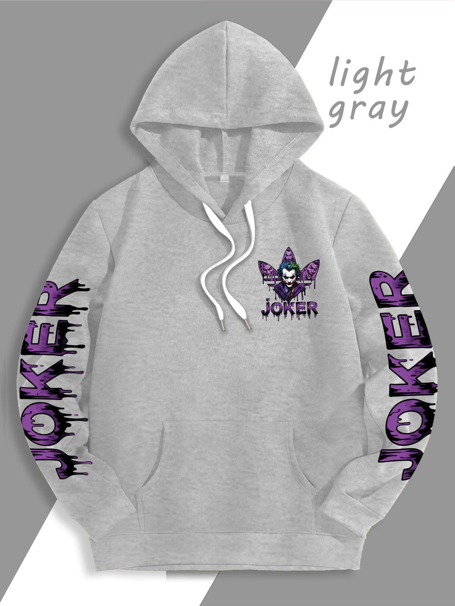 Warner Bros. DC JOKER Purple and Black Graffiti Portrait Men's Fashion Hooded Sweatshirt, Sleeve Print Design, Kangaroo Pocket, Drawstring Hood, Suitable for Daily Wear and Outdoor Sports, an Excellent Choice for Warmth - Light Grey