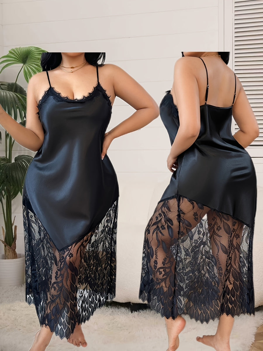 Plus Size Series, Women'S Home Wear Nightgown, Solid Color Lace Patchwork Suspender Dress, Elegant And Comfortable Casual - Black