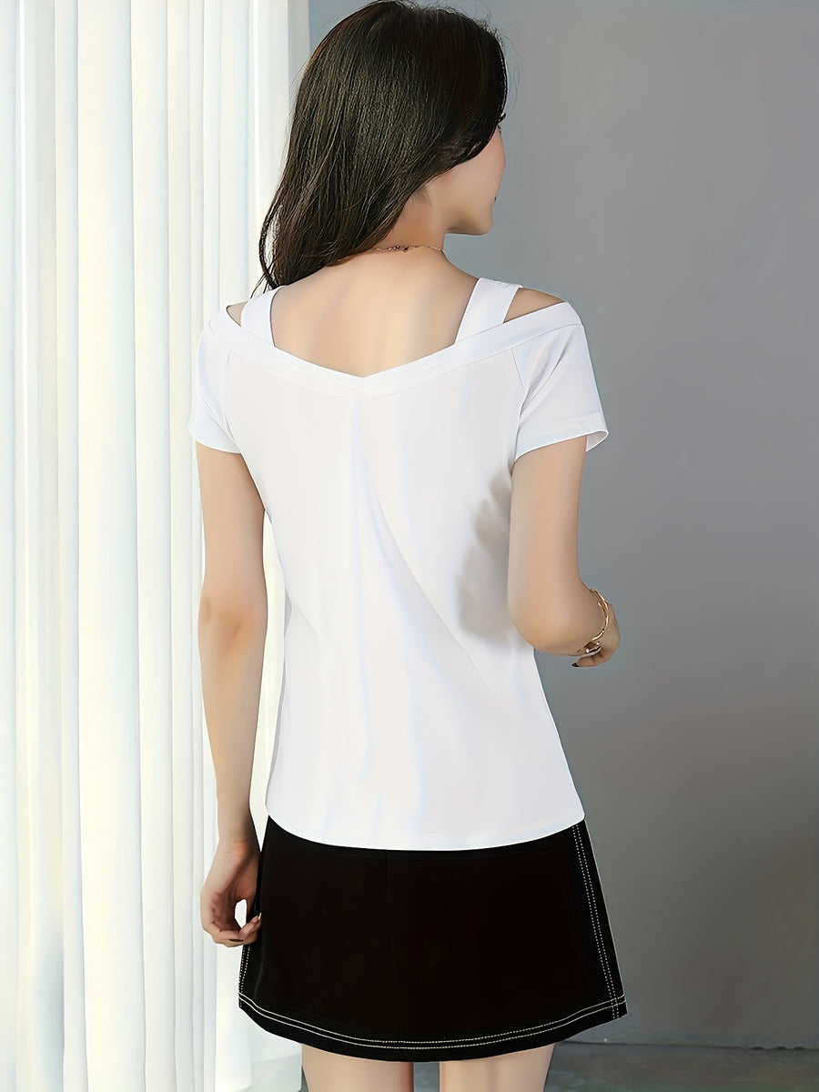 Off-Shoulder Elegant Short Sleeve T-Shirt, Suitable for Summer - White