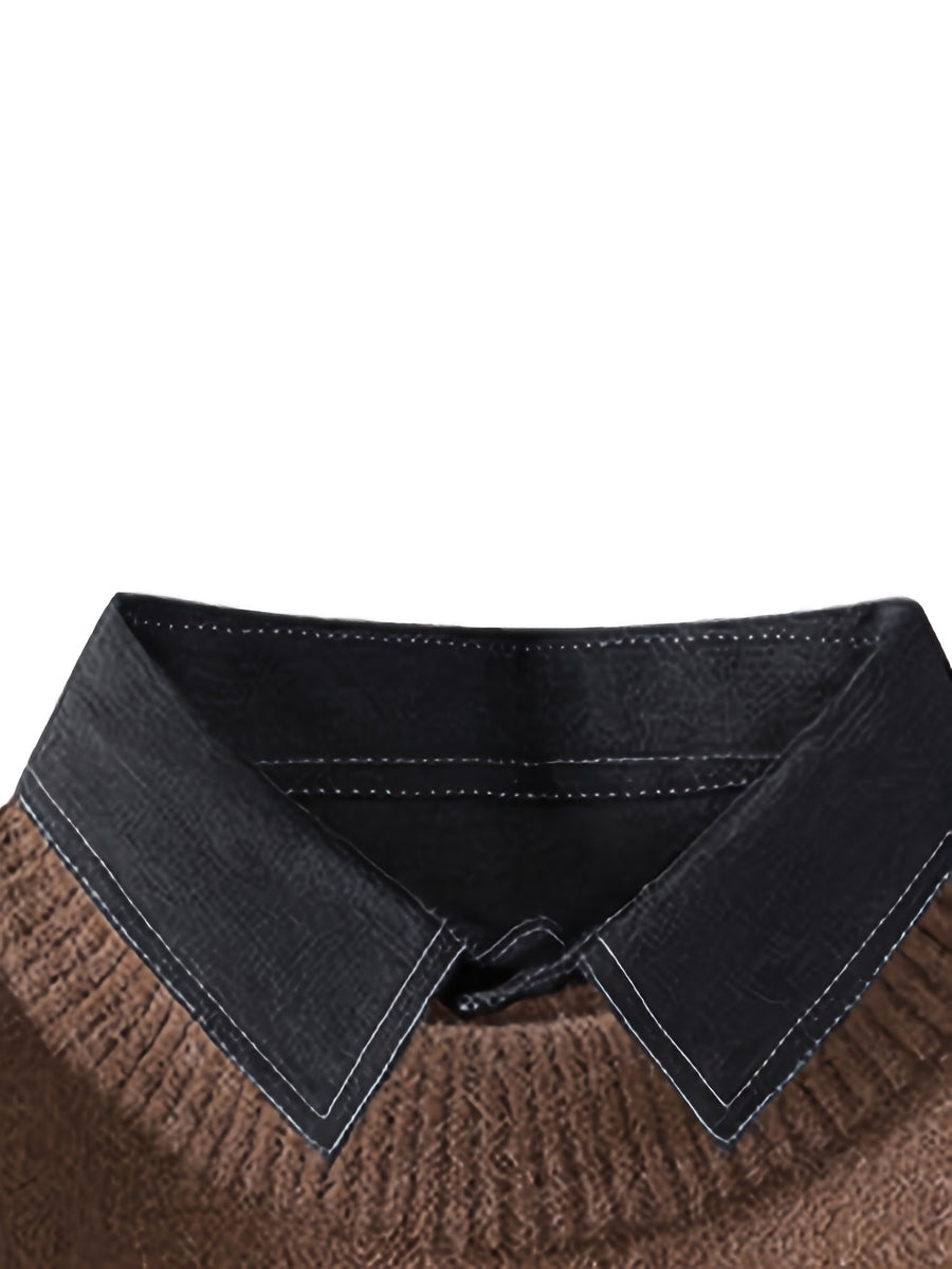 New Autumn And Winter Styles for Young Men'S Lapel Fake Two-Piece Knitted Sweater, Warm Sweater, Fashionable, Casual And Versatile - Coffee Color
