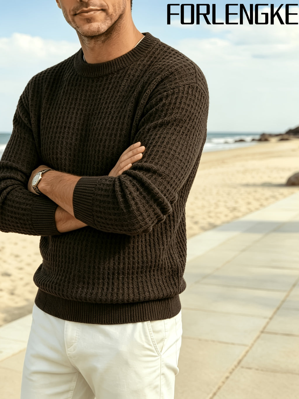 FORLENGKE Men's Waffle Knit Crewneck Sweater, New Autumn and Winter Solid Color Textured Knit Pullover with 3D Patterns, Casual and Commuter-Friendly, Simple and Versatile, Available in Multiple Colors, Suitable for Wearing Alone or Layering - Coffee Color