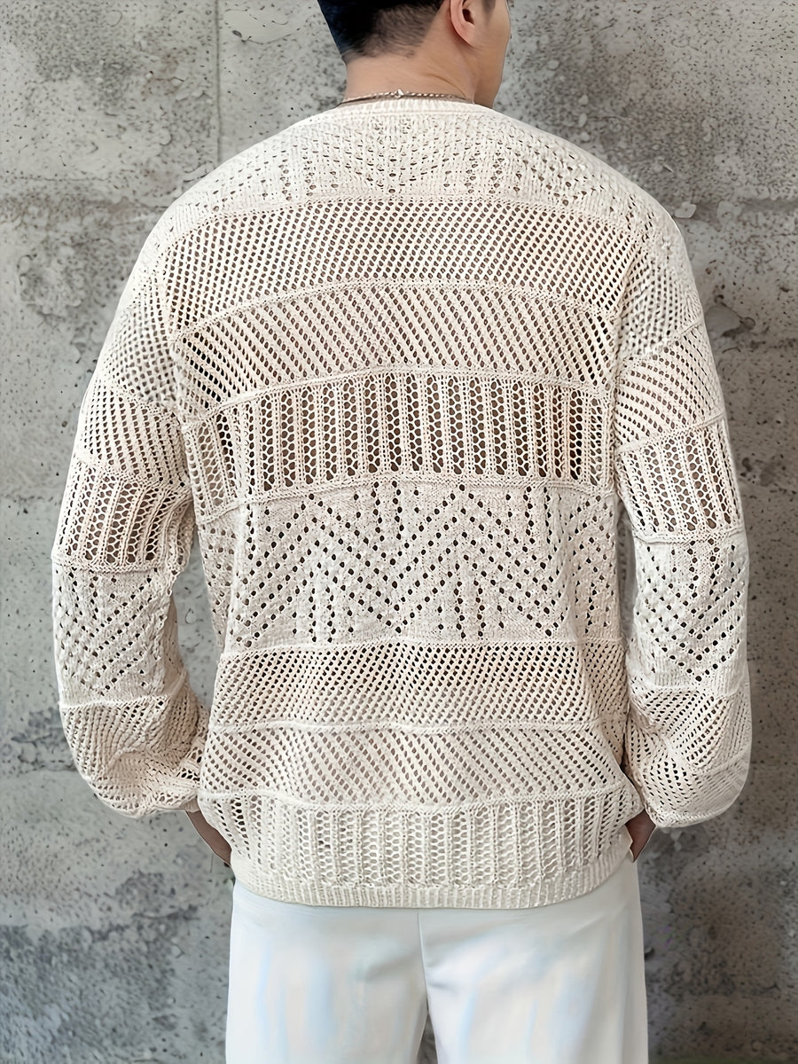 Men's Casual Fashion Hollow-Out Knit Sweater - Off-white