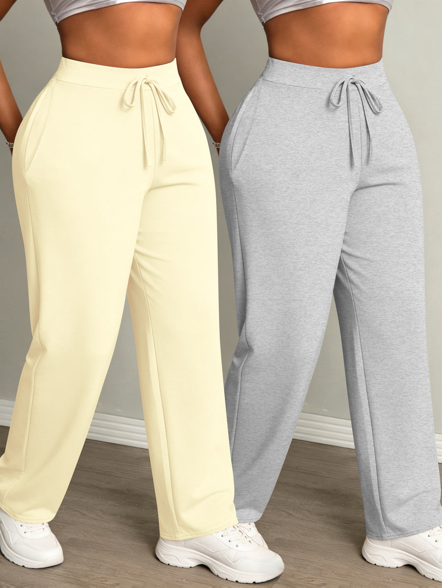 Women's Fashion Daily 2pcs Set, Comfortable Loose-Fit Solid Color Drawstring Waist Wide-Leg Sweatpants - Apricot+Grey