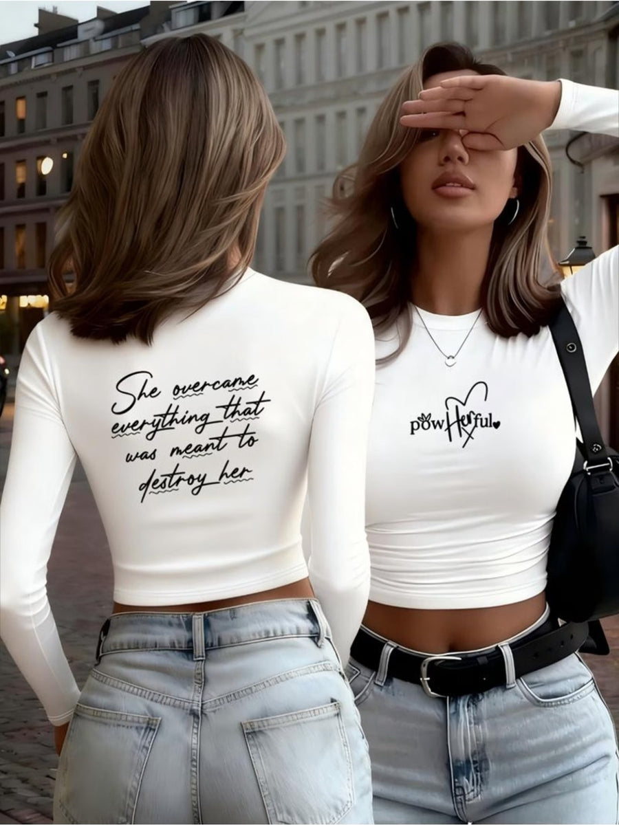 Creative Letter Pattern 2D Double-Sided Print Y2K Sweet & Cool Spicy Slim-Fit Long-Sleeve T-Shirt, Classic Versatile Style, Fashionable and Simple, for Daily Casual Streetwear, Suitable for All Seasons, Seasonal Fashion, Vintage Style - White