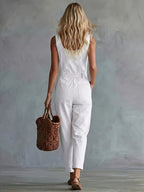 Women'S Retro Western Style Comfortable Loose Fit, Pocket Decor Sleeveless Jumpsuit, Suitable for Spring/Summer Outings And Parties, Easy Elegant Wear - White
