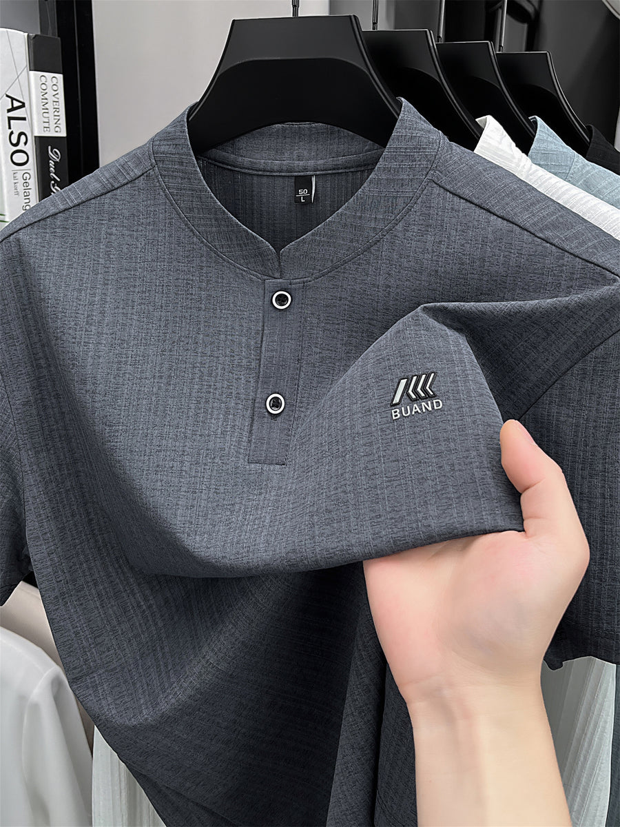 [Pearson Obm]Summer New Small Stand Collar Ice Fiber Fabric Quick-Drying Short-Sleeved T-Shirt Men'S Young Loose Casual Short-Sleeved Top Men'S Clothing Lao Zhou - Blue Grey