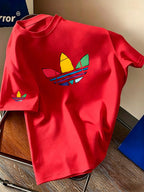 Men's Summer Casual Sports T-Shirt Colorful Trefoil Print Design Street Casual Trendy Design Suitable for Multiple Occasions Sporty Style Round Neck Breathable Quick-Dry Daily Wear - Red