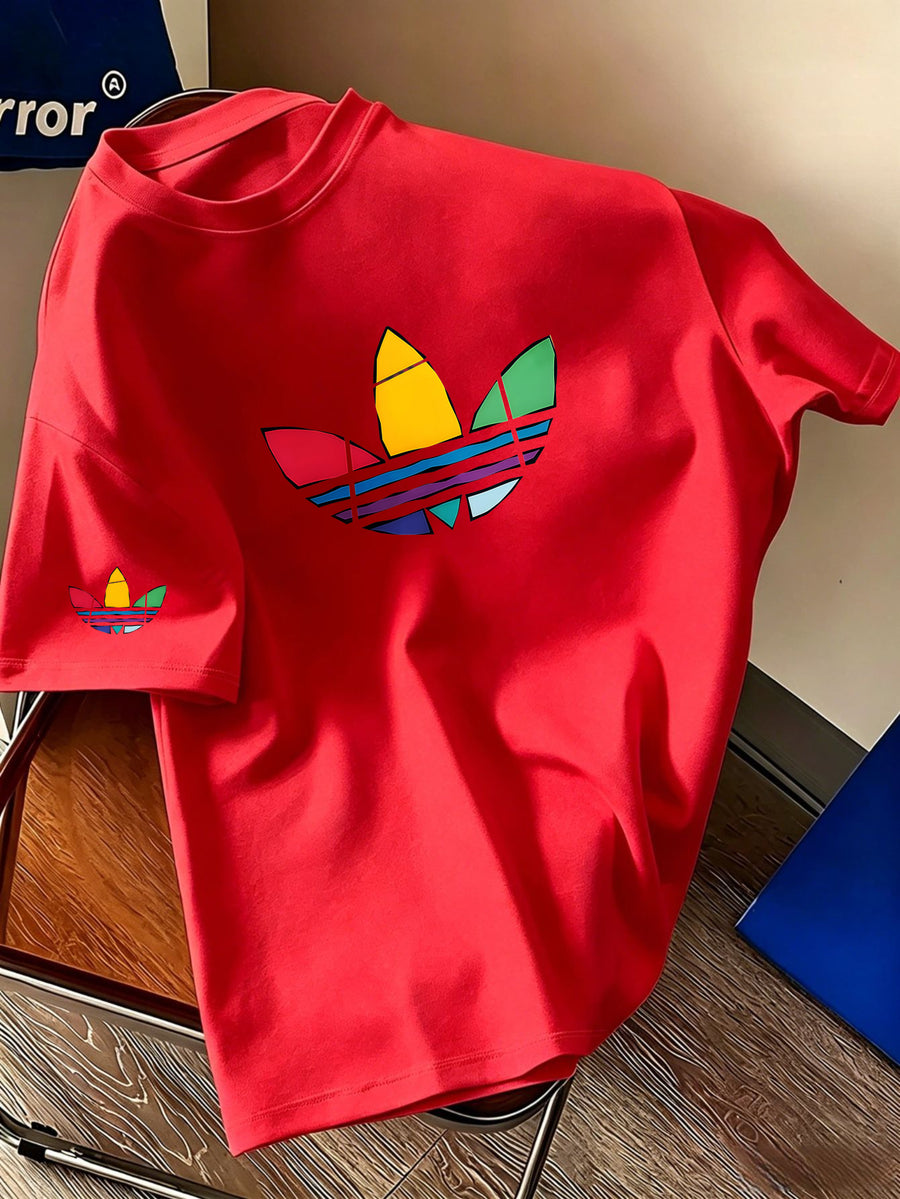 Men's Summer Casual Sports T-Shirt Colorful Trefoil Print Design Street Casual Trendy Design Suitable for Multiple Occasions Sporty Style Round Neck Breathable Quick-Dry Daily Wear - Red