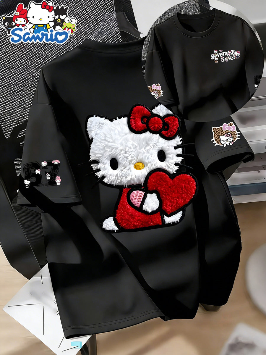 Women'S Round Neck 100% Short Sleeve T-Shirt, Hello Kitty Classic Red Bow Heart Pattern Cartoon Print Design, Casual Comfortable Everyday Versatile Short Sleeve Tee, Women'S Fashion Trendy Spring Summer Fall Casual Short Sleeve Top, Home Party Wear - Black