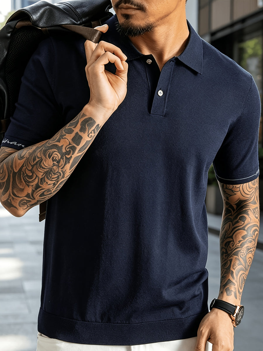 Men's Knitted Short-Sleeve Polo Shirt - Urban Street Scene Exterior Shot, Slim Fit, Lapel Collar, Two-Button, Business Casual Commuter Thin Top, Solid Color Knit Top with Embroidered Cuff Design - Dark Blue