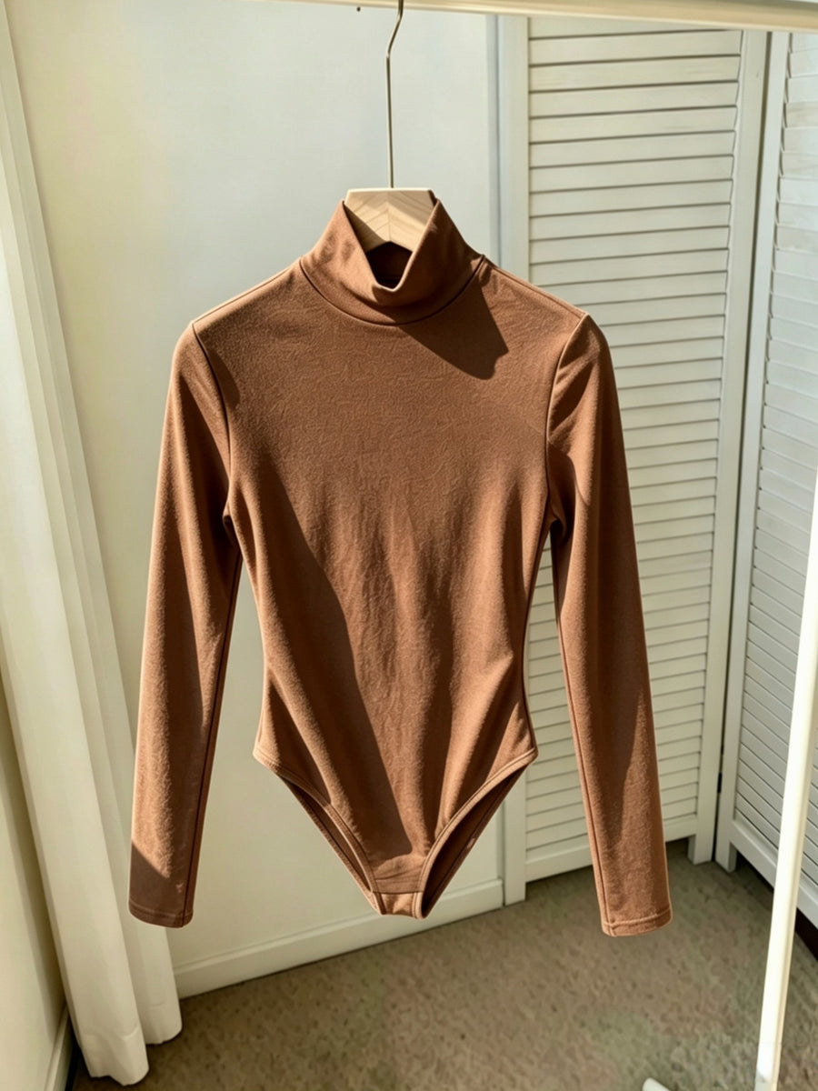 Autumn/Winter New Arrival Women's Elegant Simple High-Neck Long-Sleeve Bodysuit, 3pcs Set in Mixed Colors - Khaki + Coffee + Black
