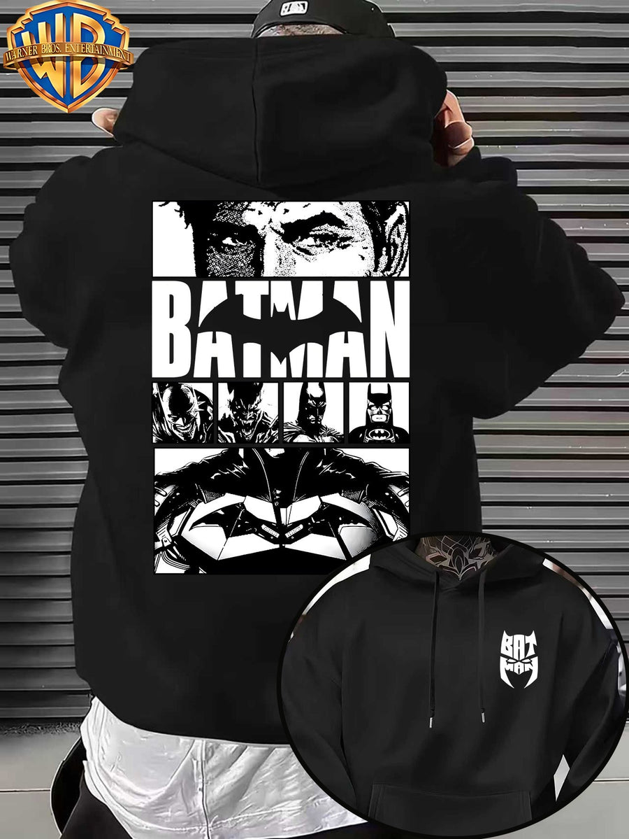Casual Sporty Loose Hooded Sweatshirt, Retro Batman Comic Patchwork Cartoon Print, Men'S Casual All-Match Adjustable Drawstring Hoodie Comfortable Casual Autumn Winter Wear, for Sports, Outdoors, Picnics, Travel, Daily Home Wear - Black