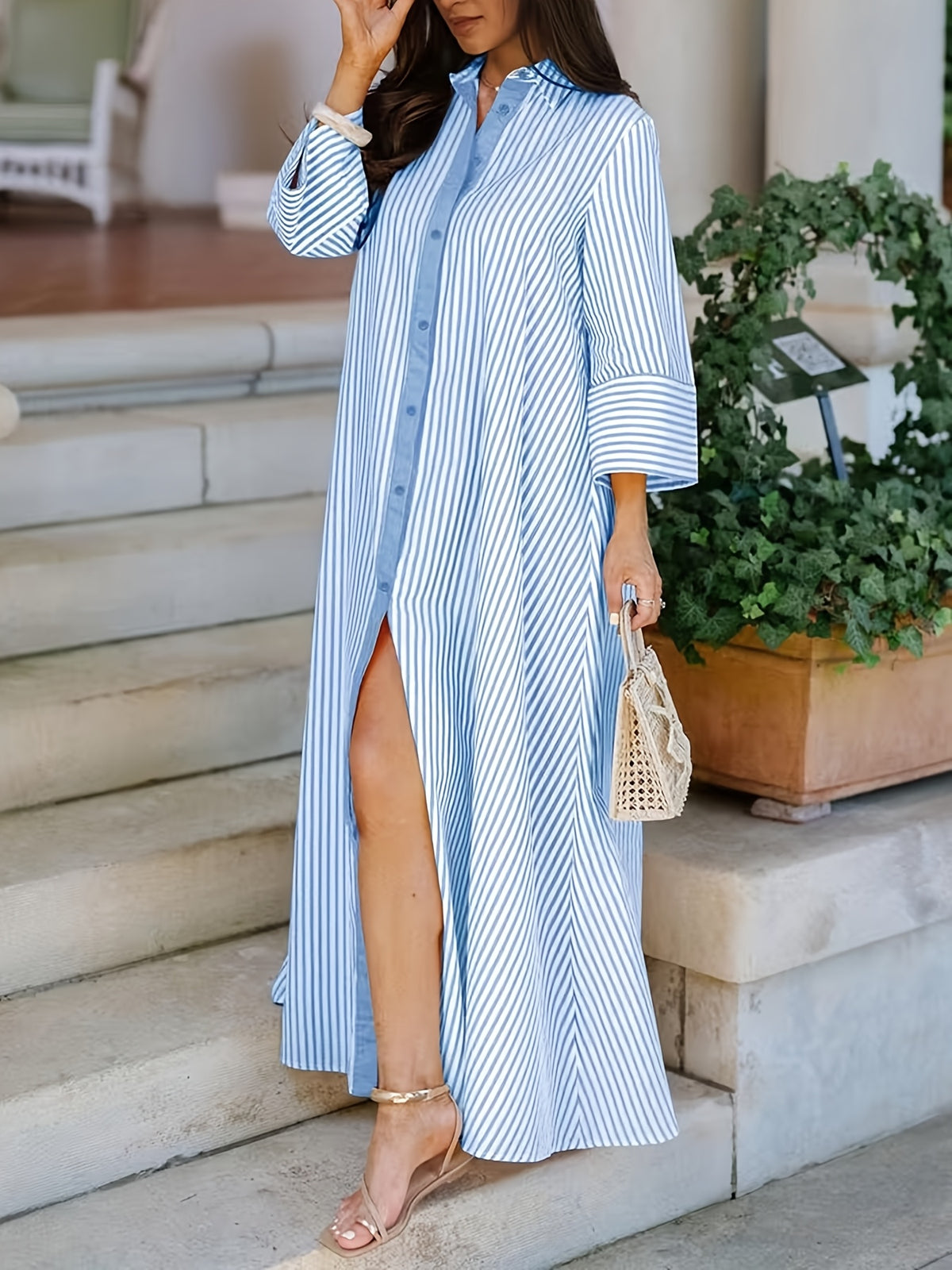 Women's Shirt Long Cape Long Elegant Striped Shirt - Sky Blue