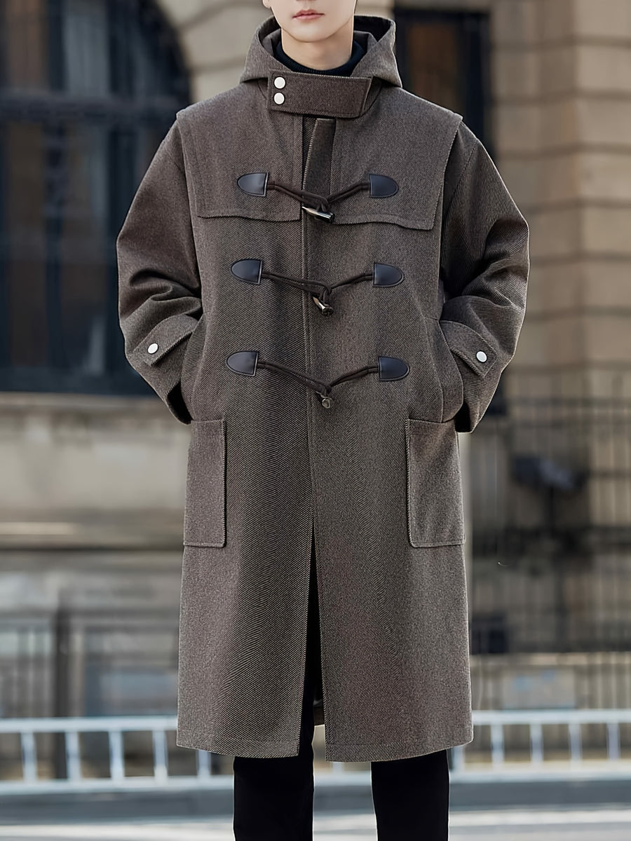 New Autumn Winter Men'S Mid-Length Horn-Button Trench Coat Men'S Solid Color Blend Hooded Overcoat - Coffee Color