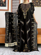 Women's Pattern Robe with Beige Tassel Set, Arabic Luxury Abaya, Headscarf, Elegant Round Neck Dress, Short Sleeve Style - Beige Color