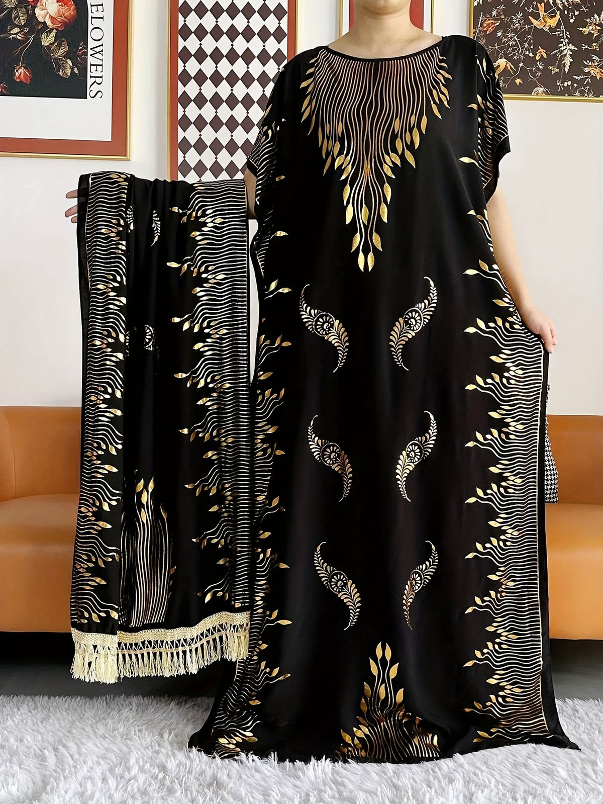Women's Pattern Robe with Beige Tassel Set, Arabic Luxury Abaya, Headscarf, Elegant Round Neck Dress, Short Sleeve Style - Beige Color