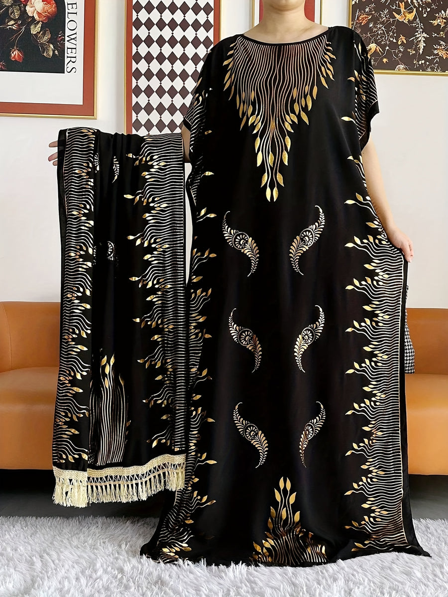 Women's Pattern Robe with Beige Tassel Set, Arabic Luxury Abaya, Headscarf, Elegant Round Neck Dress, Short Sleeve Style - Beige Color