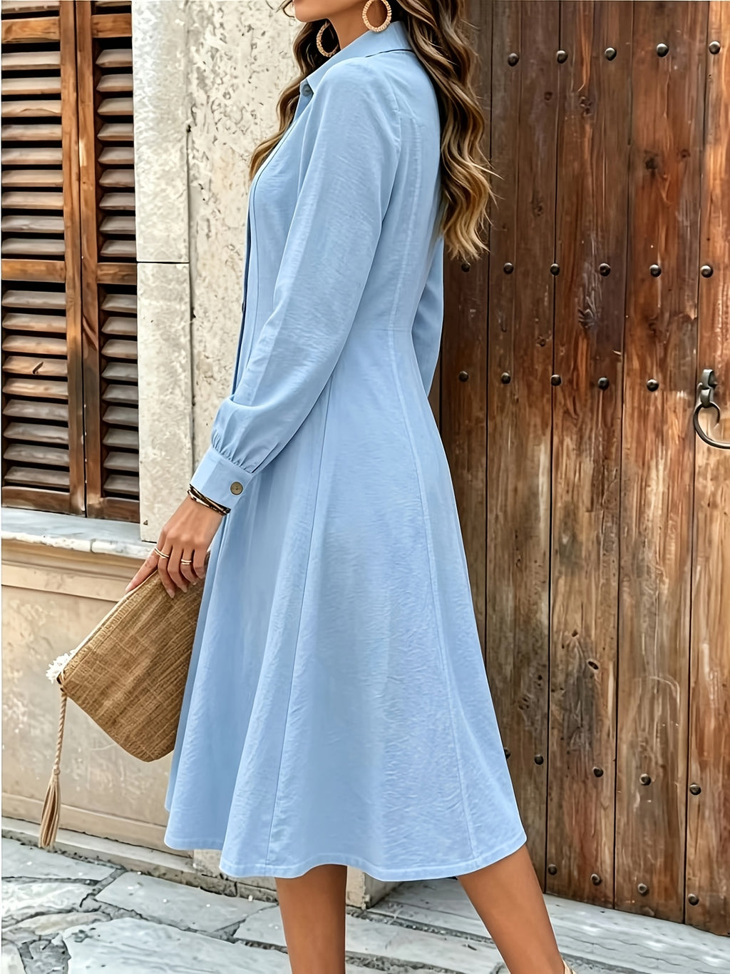Women'S Elegant Solid Color Long Sleeve Dress, Fashionable Button-Detail Waist-Cinching Mid-Length Dress - Sky Blue