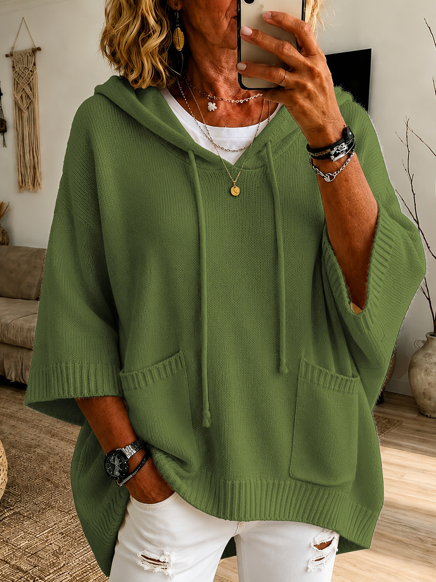 2026 Women'S Fall Winter Solid Color Hooded 3/4 Sleeve Cape Sweater Top with Drawstring And Double Pockets, Casual Easy Fashion Versatile Commute Home Vacation Outfit Pullover Top Women'S Clothing - Olive Green