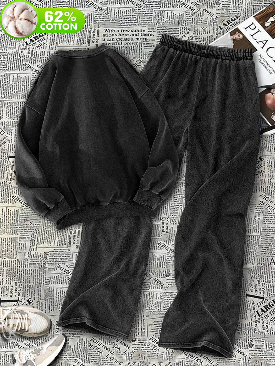 2pcs Letter Printed Streetwear Fashion Versatile, Comfortable, and Convenient, Casual, Vibrant, Y, Retro Women's Wide-leg Loose Snowflake Print Set. - Deep Grey