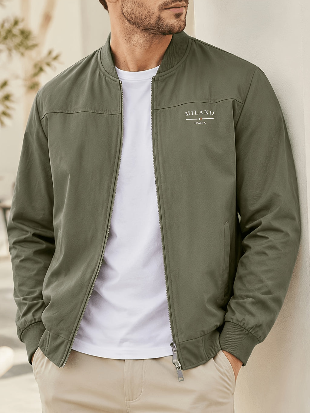 Men's Autumn/Winter 100% Zip-Up Pilot Jacket Coat, MILANO Print Zipper Stand Collar Casual Baseball Jacket, 6 Colors Available, Casual, Simple, Breathable, Lightweight Outerwear Winter Clothes for Men - fern green