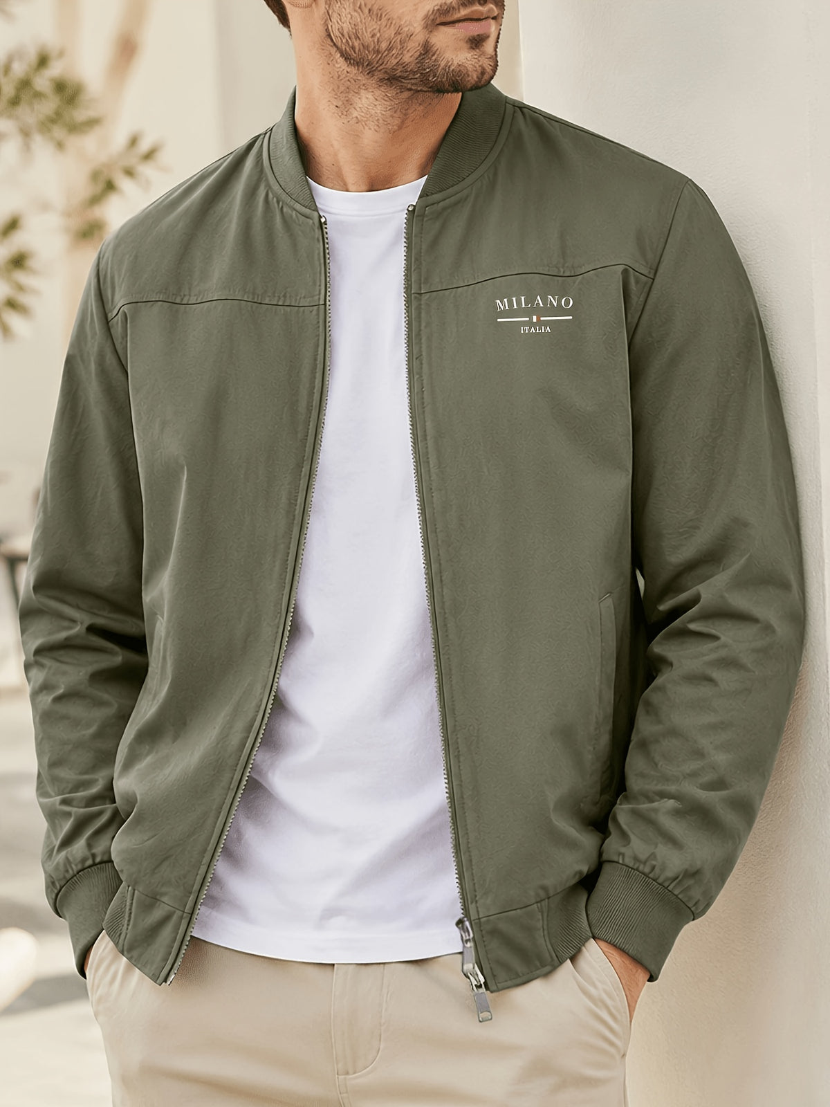 Men's Autumn/Winter 100% Zip-Up Pilot Jacket Coat, MILANO Print Zipper Stand Collar Casual Baseball Jacket, 6 Colors Available, Casual, Simple, Breathable, Lightweight Outerwear Winter Clothes for Men - fern green