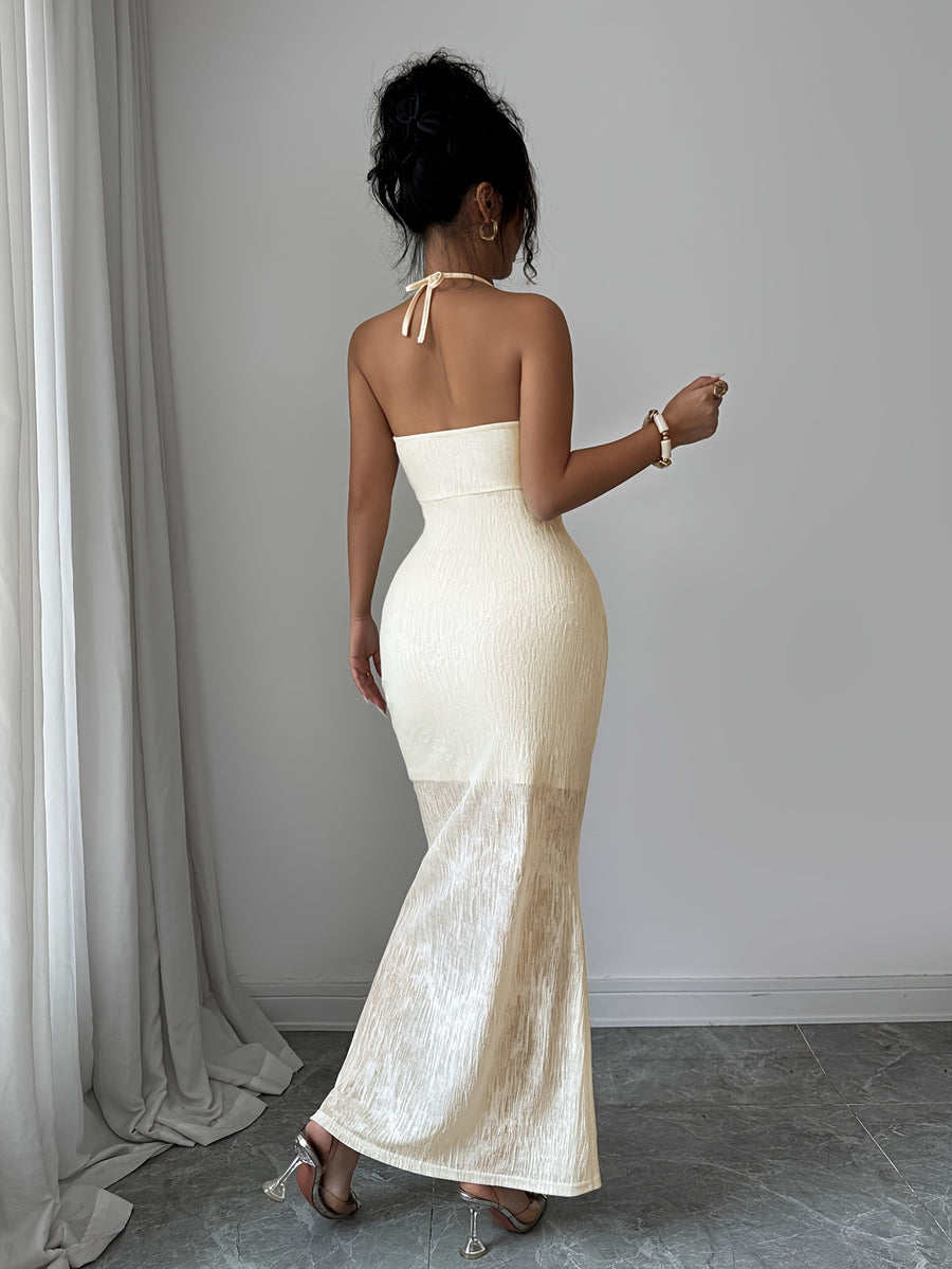Women's Mesh Sheer Bodysuit with Metal Rose Design, Waist-Cinching, Hip-Hugging, Elegant Vacation Gown Style Party Cocktail Dress - Apricot