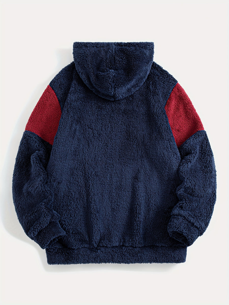 1pc Color-Block Spliced Reversible Plush Hooded Sweatshirt, Letter Embroidered Sweatshirt, Casual Sporty Hoodie, Soft and Comfortable Fabric, Warm and Breathable - Navy Color
