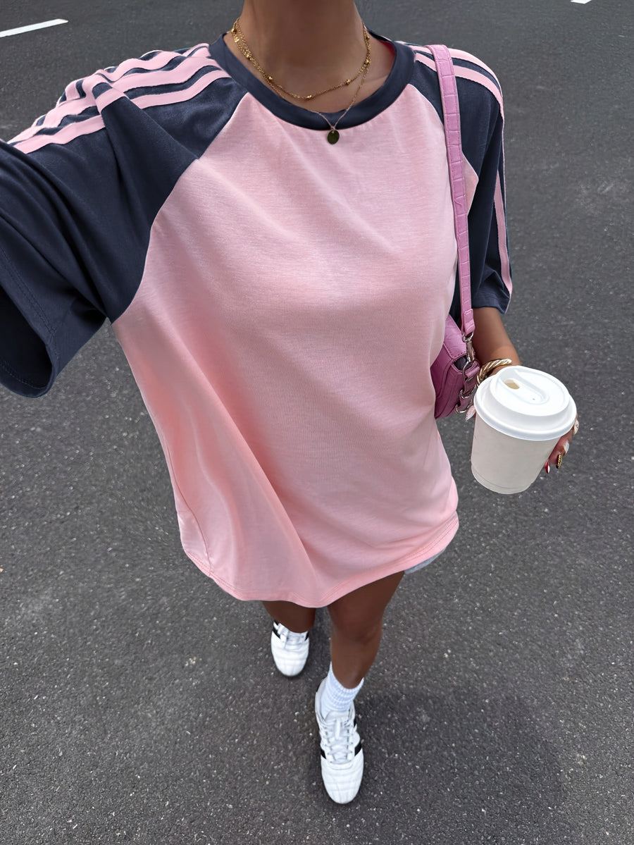 Women'S Striped Contrast Off-Shoulder Loose Casual Round Neck T-Shirt, Summer - Bright Pink Color